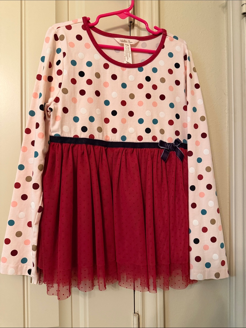 Matilda Jane Pink Polka Dot Top with Red Tulle Peplum